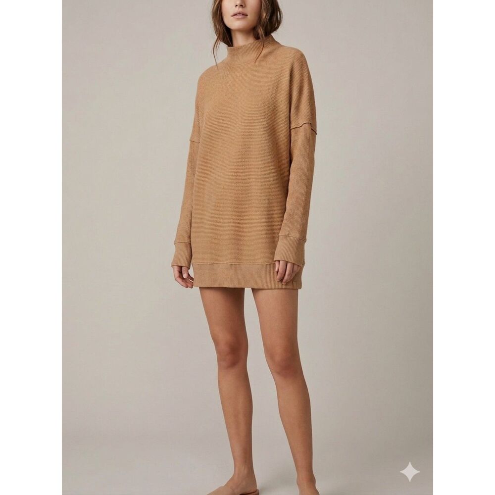 Free People We The Free Emma Waffle Knit Thermal Top Tan Mock Neck Medium Boho
